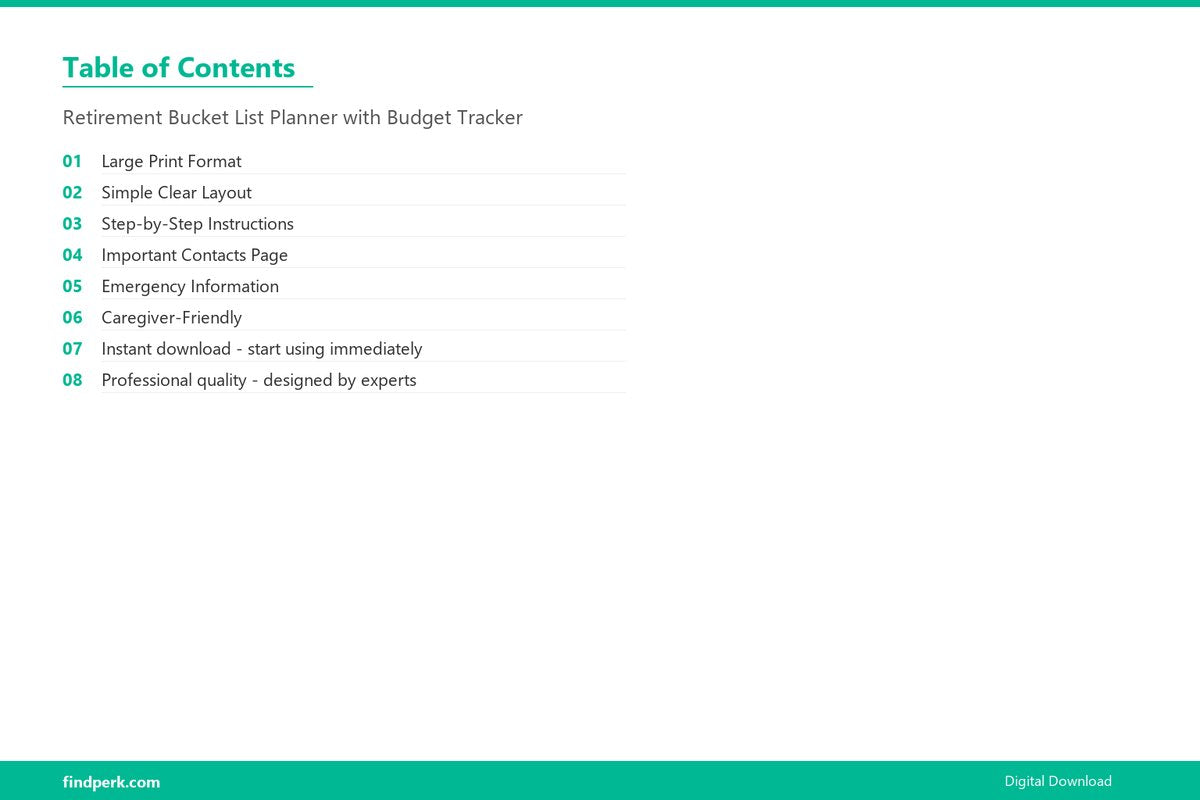 Retirement Bucket List Planner with Budget Tracker - Table of Contents