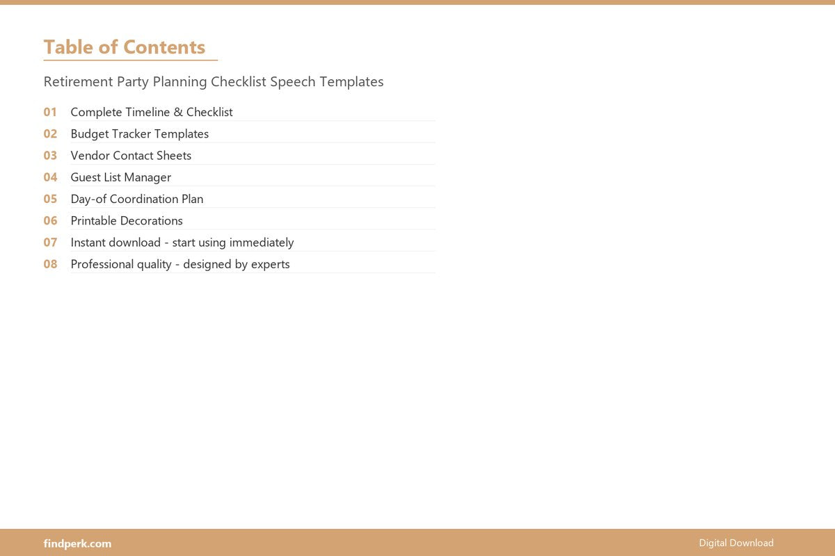 Retirement Party Planning Checklist Speech Templates - Table of Contents