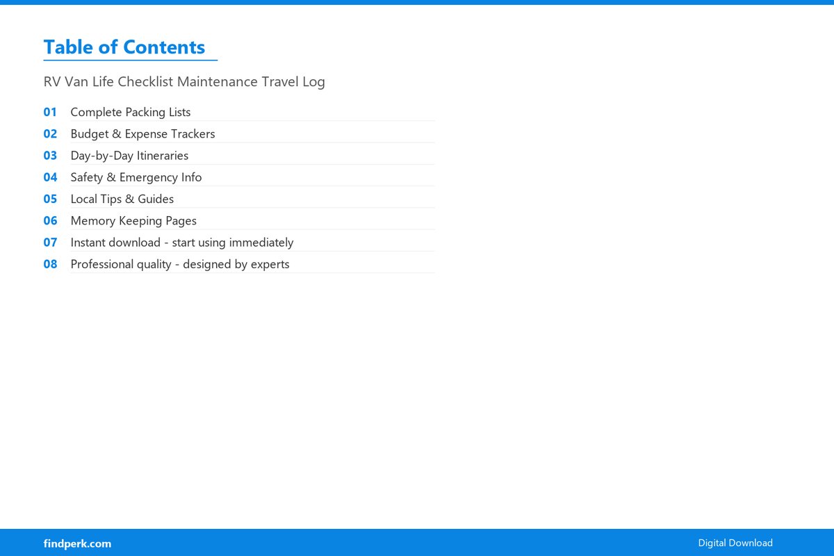RV Van Life Checklist Maintenance Travel Log - Table of Contents