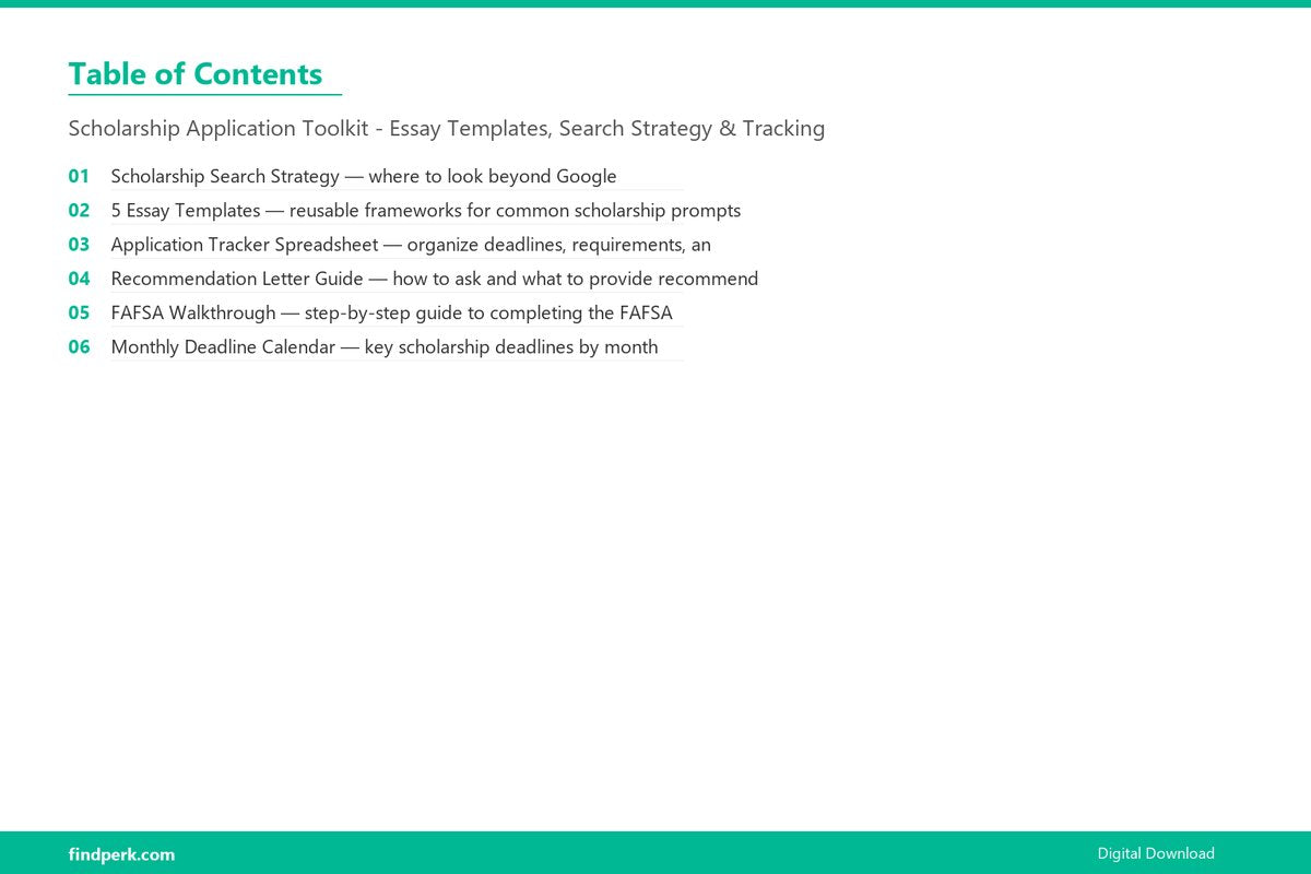 Scholarship Application Toolkit - Essay Templates, Search Strategy & Tracking - Table of Contents