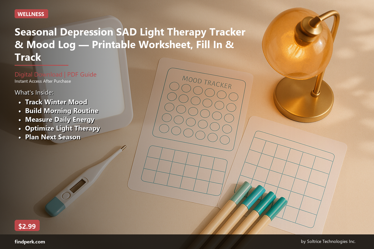 Seasonal Depression SAD Light Therapy Tracker & Mood Log — Printable Worksheet, Fill In & Track