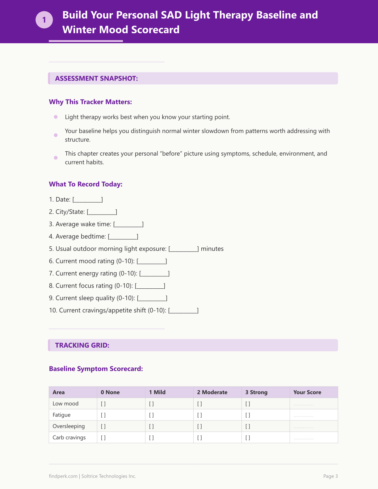 Seasonal Depression SAD Light Therapy Tracker & Mood Log — Printable Worksheet, Fill In & Track