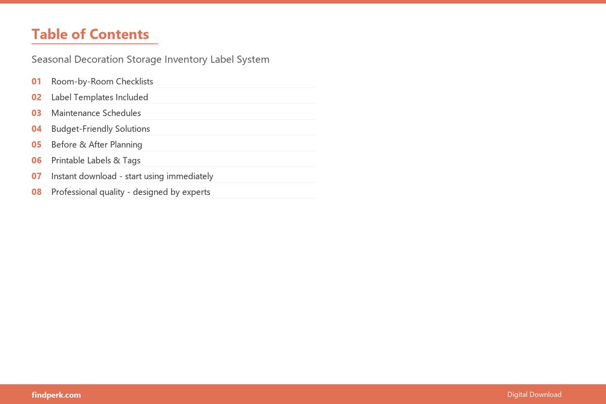 Seasonal Decoration Storage Inventory Label System - Table of Contents