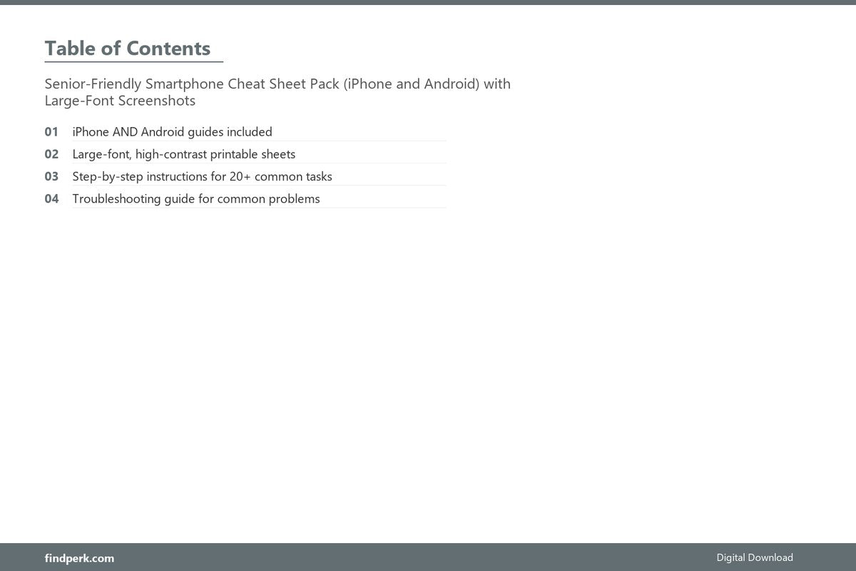 Senior-Friendly Smartphone Cheat Sheet Pack (iPhone and Android) with Large-Font Screenshots - Table of Contents