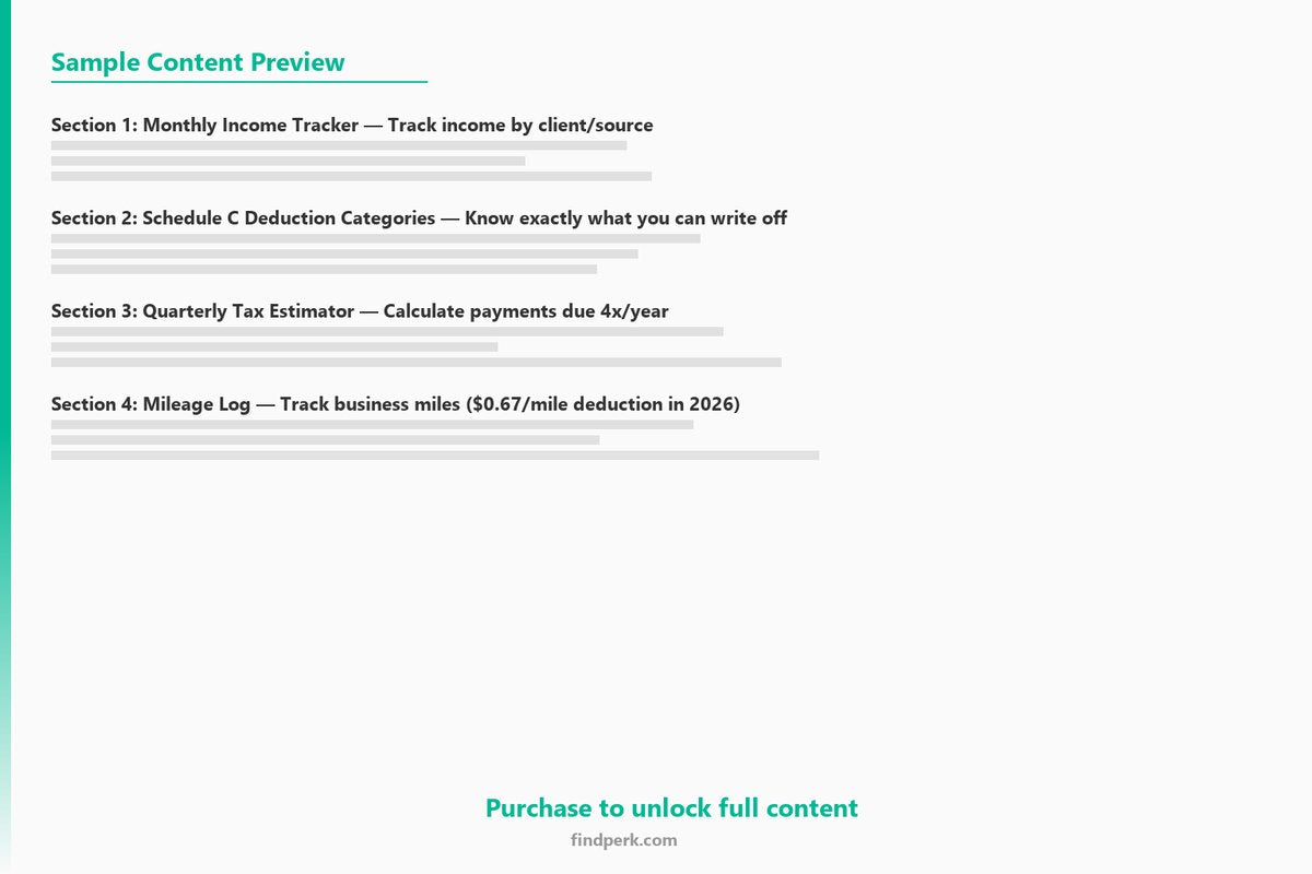 Side Hustle Income & Tax Tracker - Schedule C Categories, Quarterly Estimates & Deductions - Content Preview