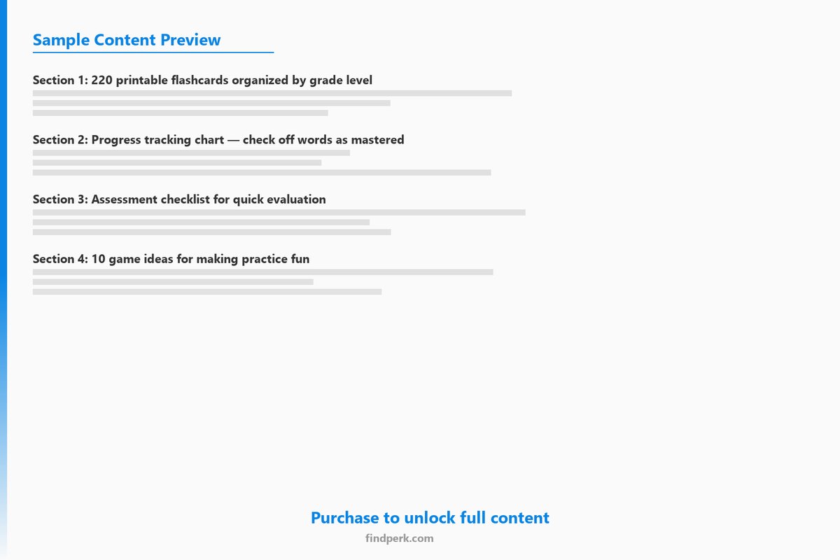 Sight Words Flashcard System - 220 Dolch Words with Progress Tracker (K-3) - Content Preview