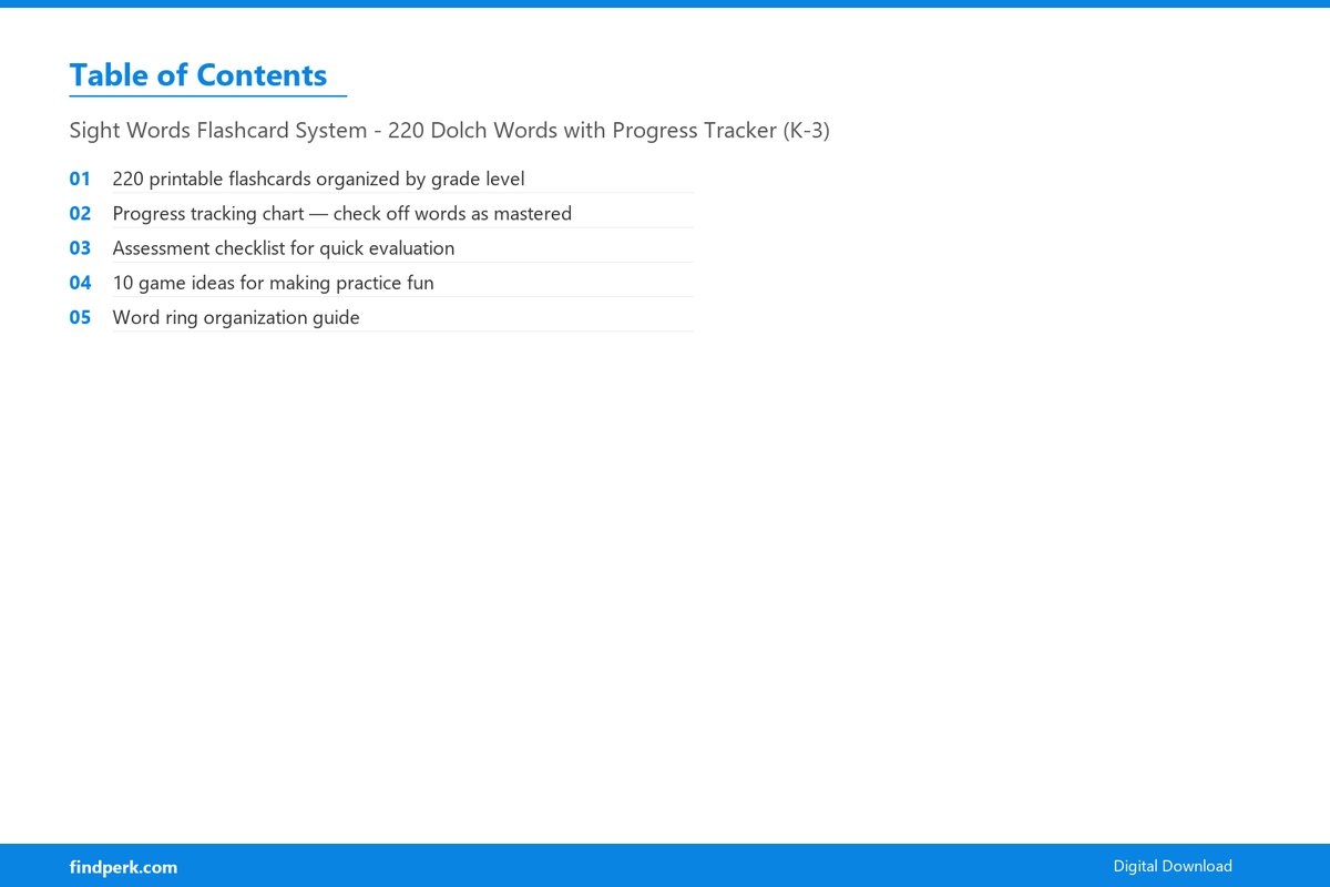 Sight Words Flashcard System - 220 Dolch Words with Progress Tracker (K-3) - Table of Contents