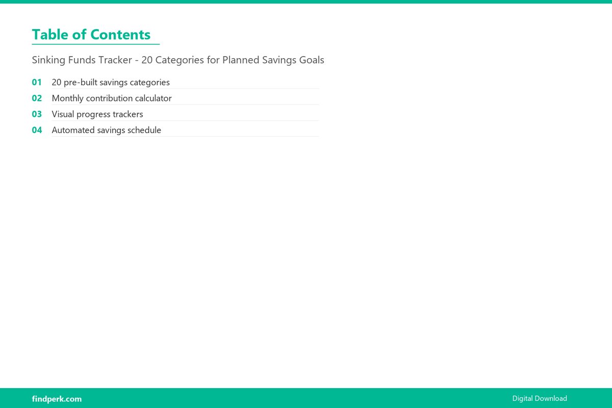 Sinking Funds Tracker - 20 Categories for Planned Savings Goals - Table of Contents