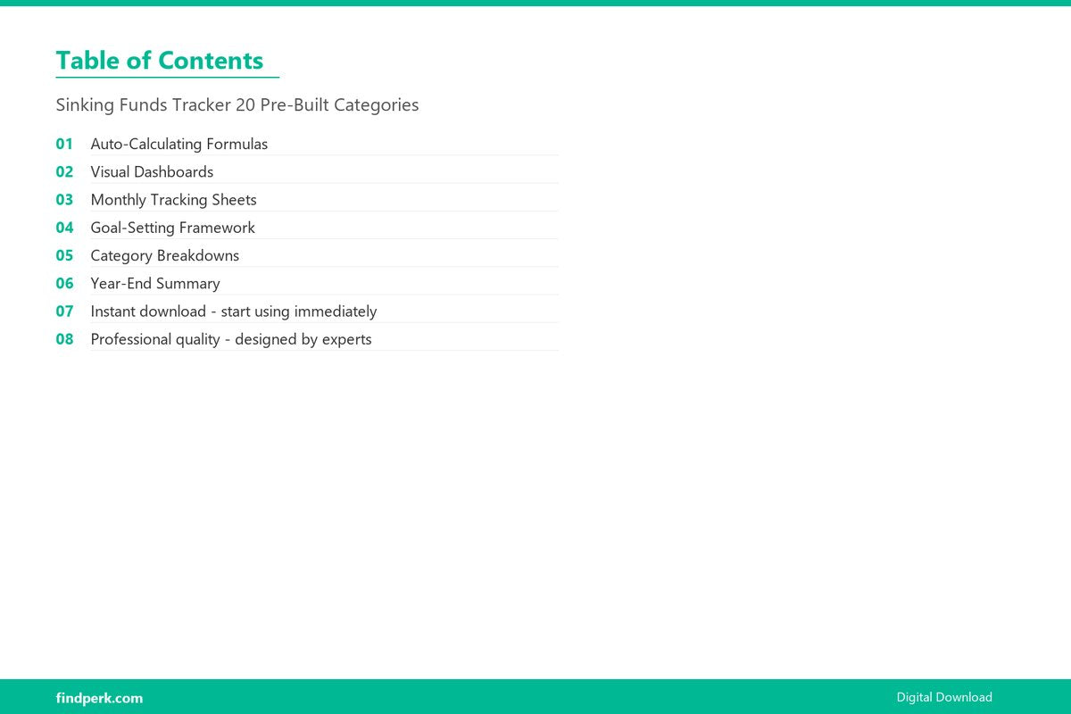 Sinking Funds Tracker 20 Pre-Built Categories - Table of Contents