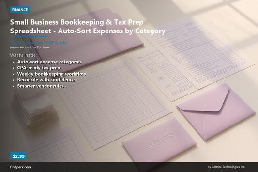 Small Business Bookkeeping & Tax Prep Spreadsheet - Auto-Sort Expenses by Category