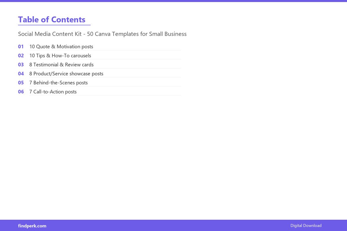 Social Media Content Kit - 50 Canva Templates for Small Business - Table of Contents