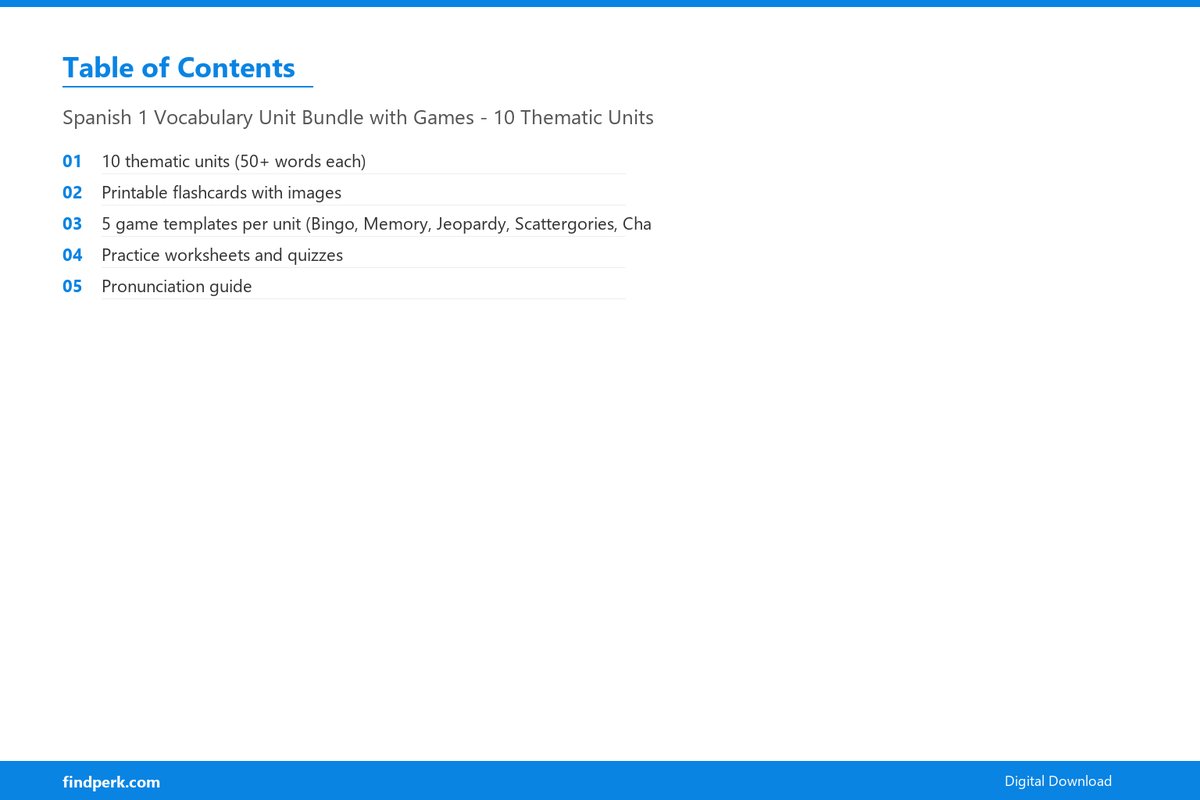 Spanish 1 Vocabulary Unit Bundle with Games - 10 Thematic Units - Table of Contents
