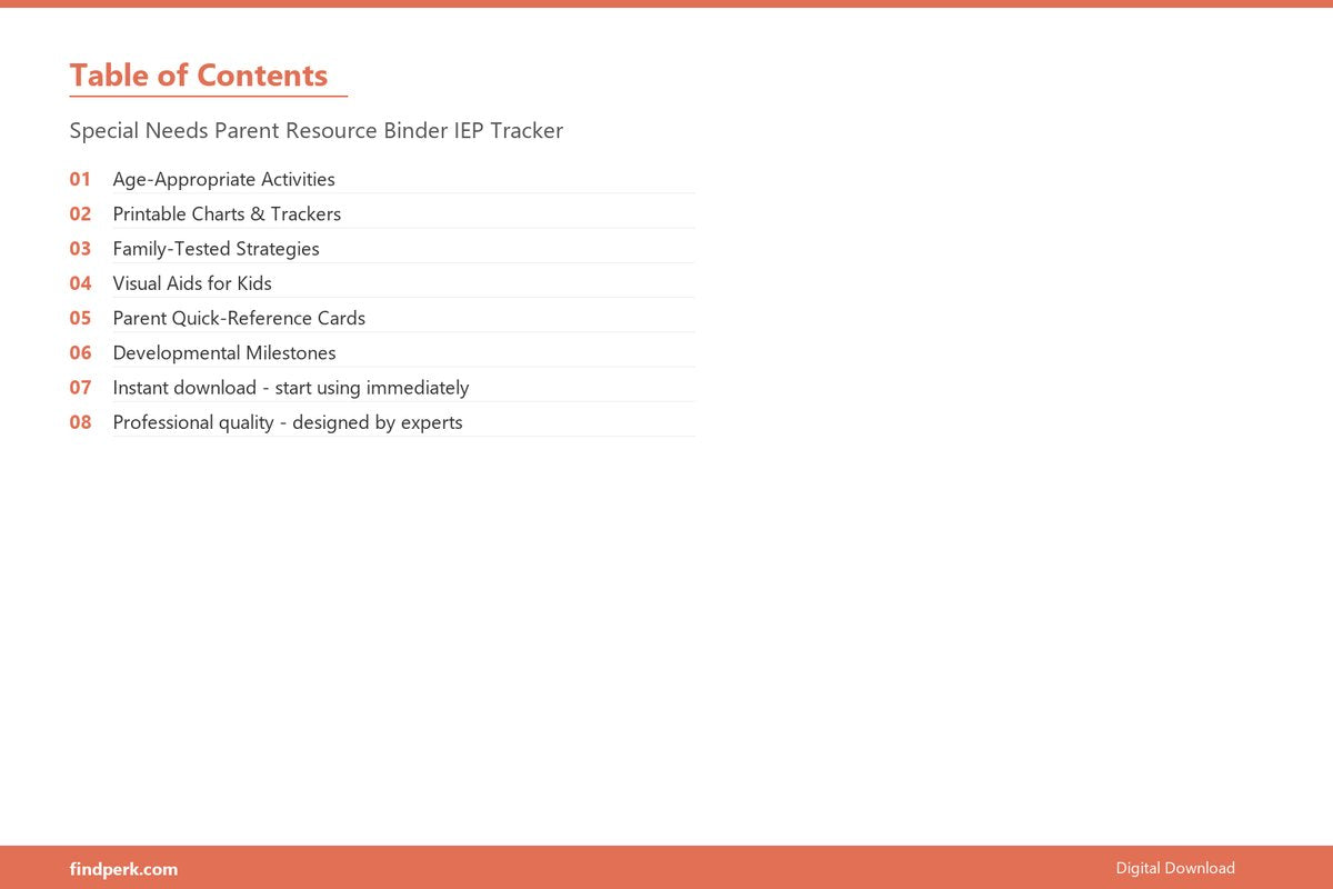 Special Needs Parent Resource Binder IEP Tracker - Table of Contents