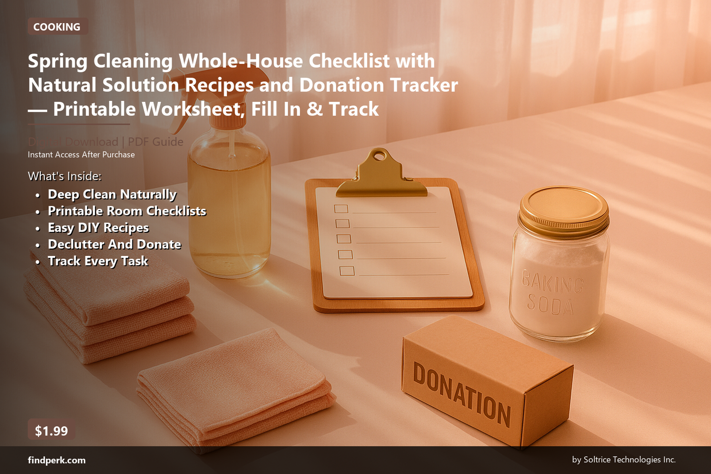 Spring Cleaning Whole-House Checklist with Natural Solution Recipes and Donation Tracker — Printable Worksheet, Fill In & Track