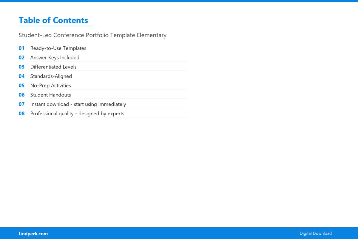 Student-Led Conference Portfolio Template Elementary - Table of Contents