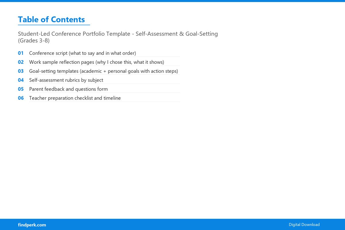 Student-Led Conference Portfolio Template - Self-Assessment & Goal-Setting (Grades 3-8) - Table of Contents