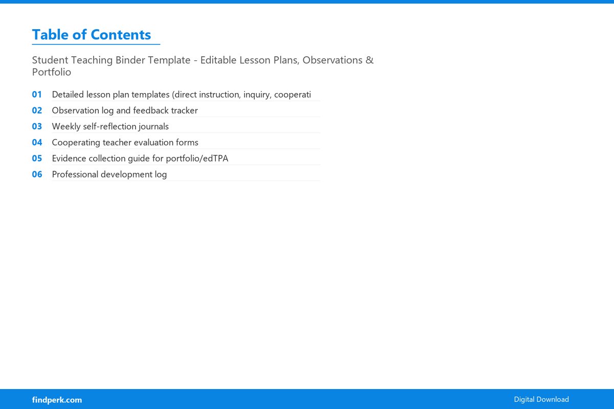 Student Teaching Binder Template - Editable Lesson Plans, Observations & Portfolio - Table of Contents