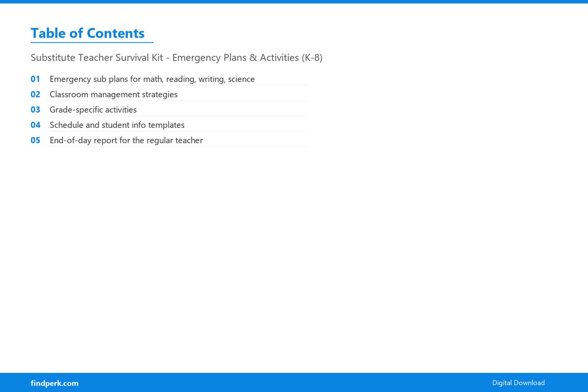 Substitute Teacher Survival Kit - Emergency Plans & Activities (K-8) - Table of Contents