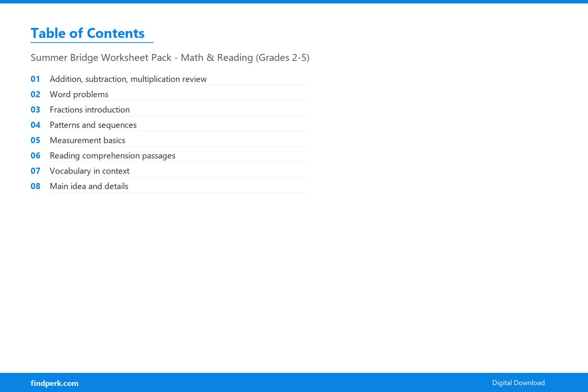 Summer Bridge Worksheet Pack - Math & Reading (Grades 2-5) - Table of Contents