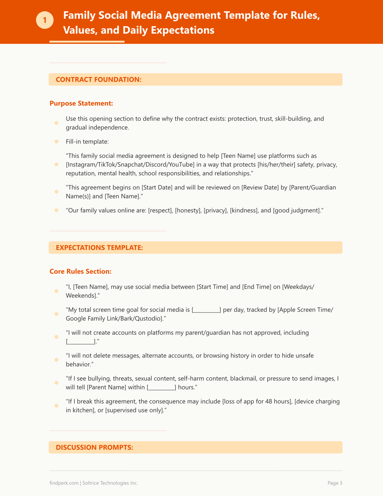 Teen Social Media Safety Contract Template with Discussion Prompts for Parents