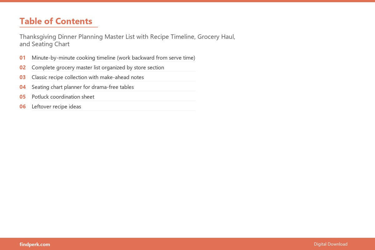 Thanksgiving Dinner Planning Master List with Recipe Timeline, Grocery Haul, and Seating Chart - Table of Contents