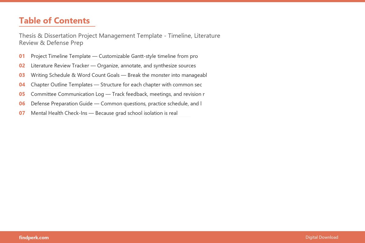 Thesis & Dissertation Project Management Template - Timeline, Literature Review & Defense Prep - Table of Contents