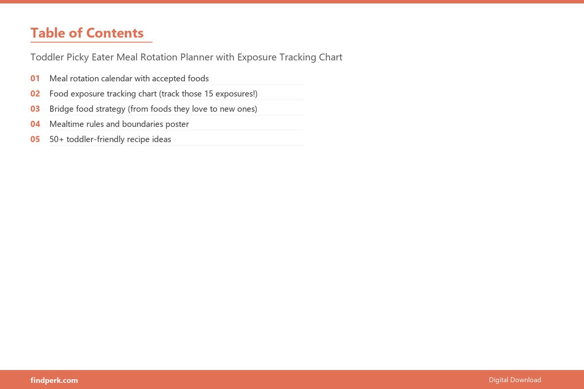 Toddler Picky Eater Meal Rotation Planner with Exposure Tracking Chart - Table of Contents