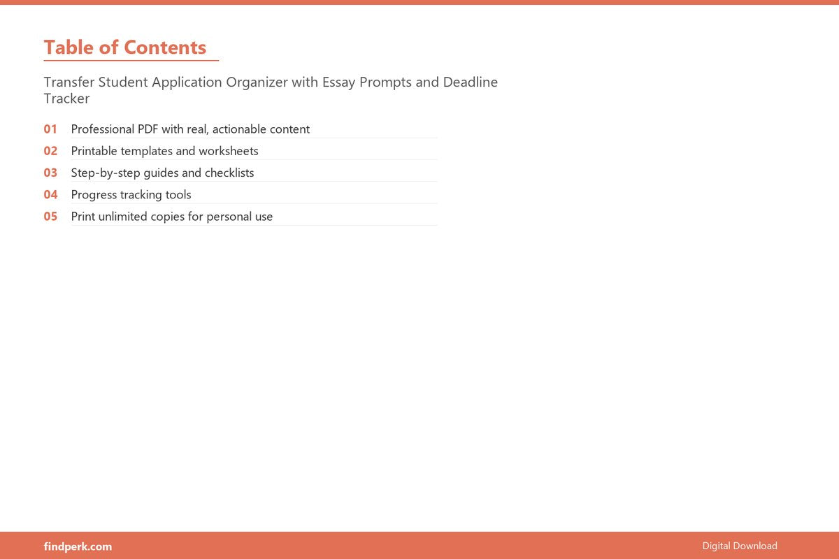Transfer Student Application Organizer with Essay Prompts and Deadline Tracker - Table of Contents